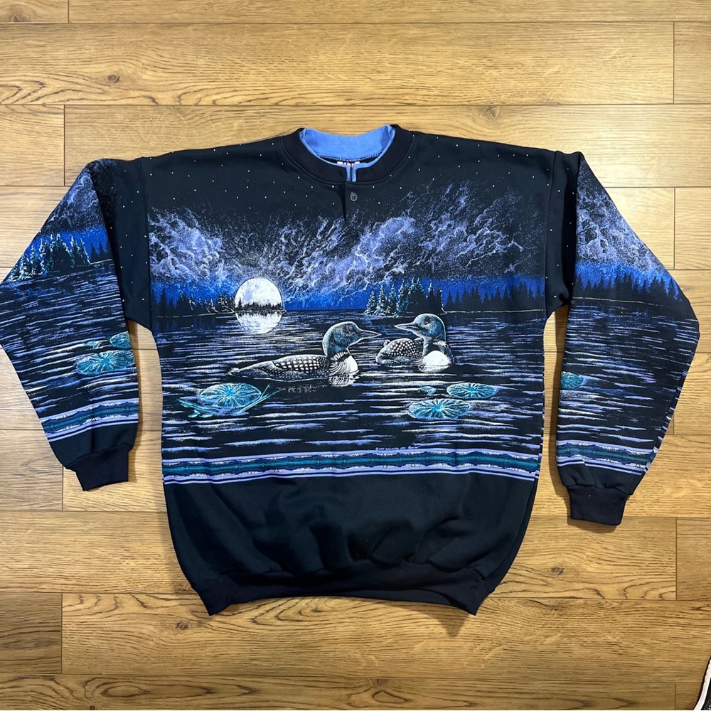 Vintage Henley Art Unlimited 1994 Ducks Lake Moon All Over Print Blue Size XL